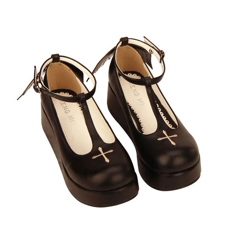 Черные туфли Лолиты в готическом стиле для костюмированной вечеринки с Т-образным ремешком на щиколотке; Туфли Лолиты на плоской платформе с круглым носком; туфли принцессы с перекрещивающимися крыльями - Цвет: Black