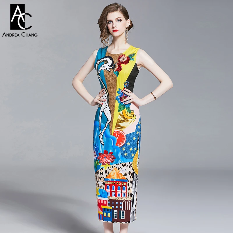 

S-XXL spring summer woman dress yellow blue cartoon flower animal building pattern print sleeveless calf length slim tank dress