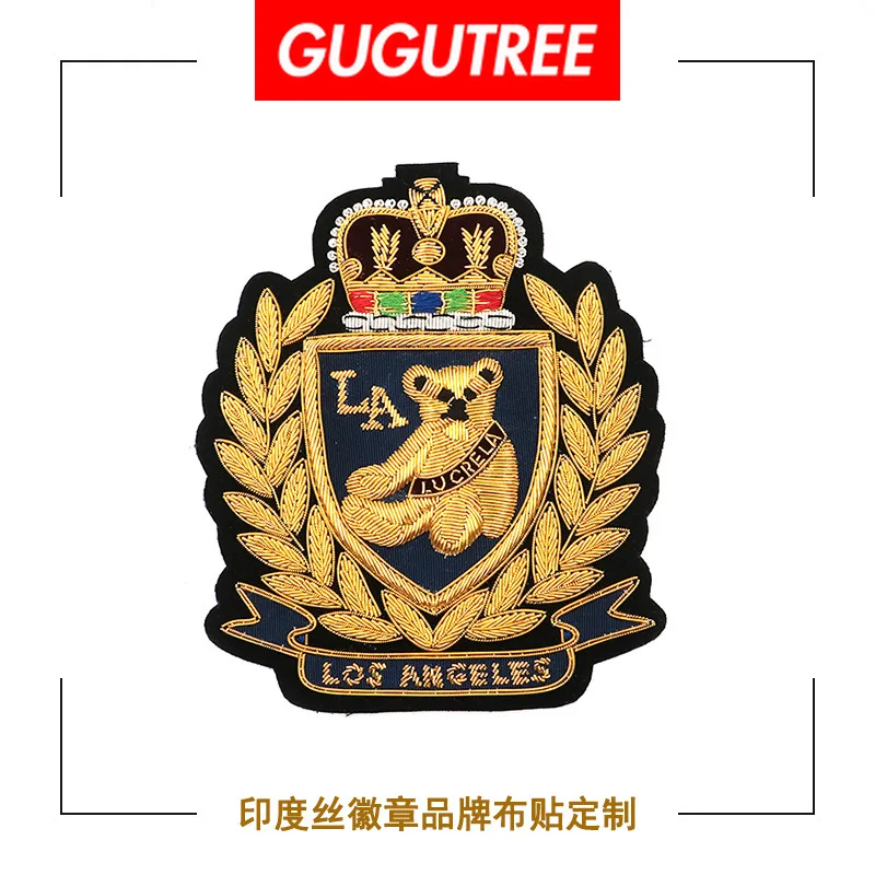 

GUGUTREE India silk crown bear ear of rice rank patches beaded badges applique patches for clothing DZP-36