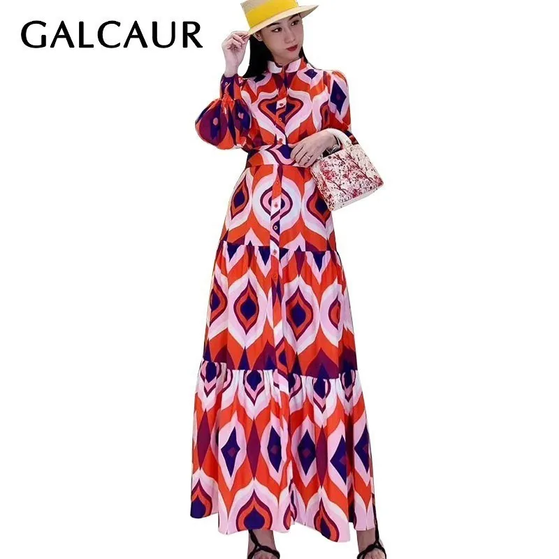 

GALCAUR Elegant Geometric Print Dress For Women Stand Collar Lantern Sleeve High Waist Sashes Dresses Female 2019 Fashion New