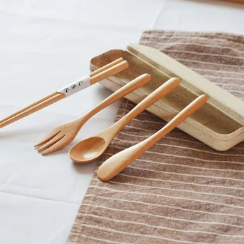 

Portable Picnic Natural Wooden Reusable Spoon Fork Knife Chopsticks Kitchen Utensil Wood Cutlery Set Wholesale WB386