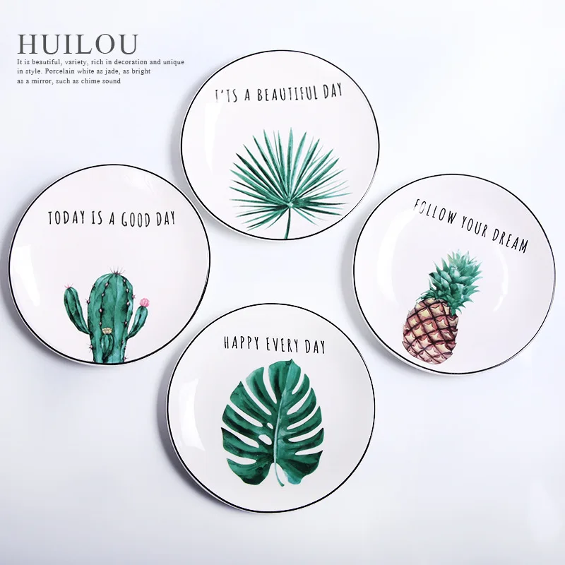

4 Pcs Dinner Plate Set Porcelain Ins Hot Plant Pattern Monstera Ceriman Leaf Pineapple Western-style Food Dish 8 Inch Tableware