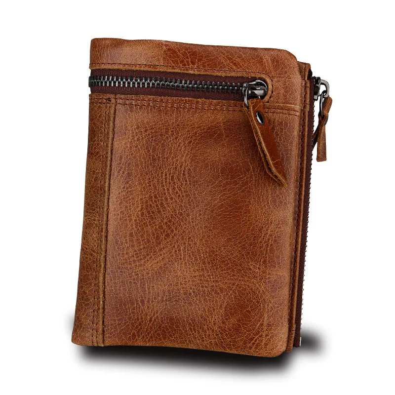 

Crazy Horse Genuine Leather Men Wallets Credit Business Card Holders Double Zipper Cowhide Leather Wallet Purse Carteira