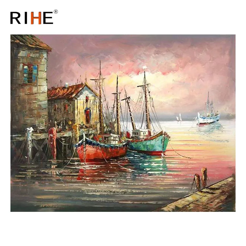 

RIHE Seaside House Diy Painting By Numbers Abstract Boat Oil Painting On Canvas Cuadros Decoracion Acrylic Modern Wall Art 2018