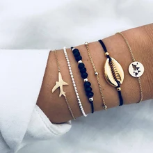 6 шт./партия Для женщин модные золотые оболочки карта мира самолет черного цвета с украшением в виде кристаллов многослойный, с бусинами плетеный браслет сексуальная девушка пляж ювелирные изделия