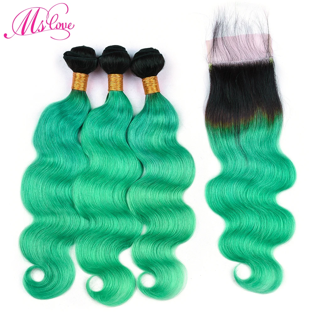 Ms Love Pre Colored T1b Green Body Wave Brazilian Hair Bundles With Closure 4*4 Remy Ombre Human Hair Bundles With Closure