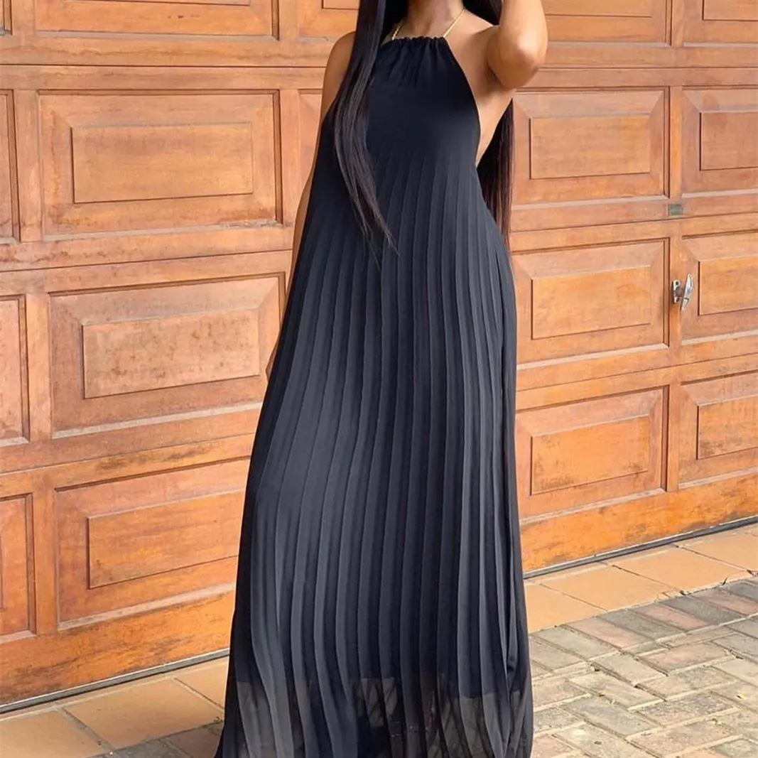 

Women Sexy Halter Sleeveless Long Dress Summer 2019 New Chiffon Backless Solid Bohemian Dress Solid Party Beach Dresses