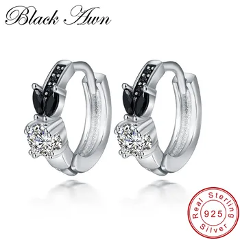 

[BLACK AWN] Genuine 925 Sterling Silver Flower Engagement Hoop Earrings for Women Black Spinel Stone Jewelry Bijoux T166