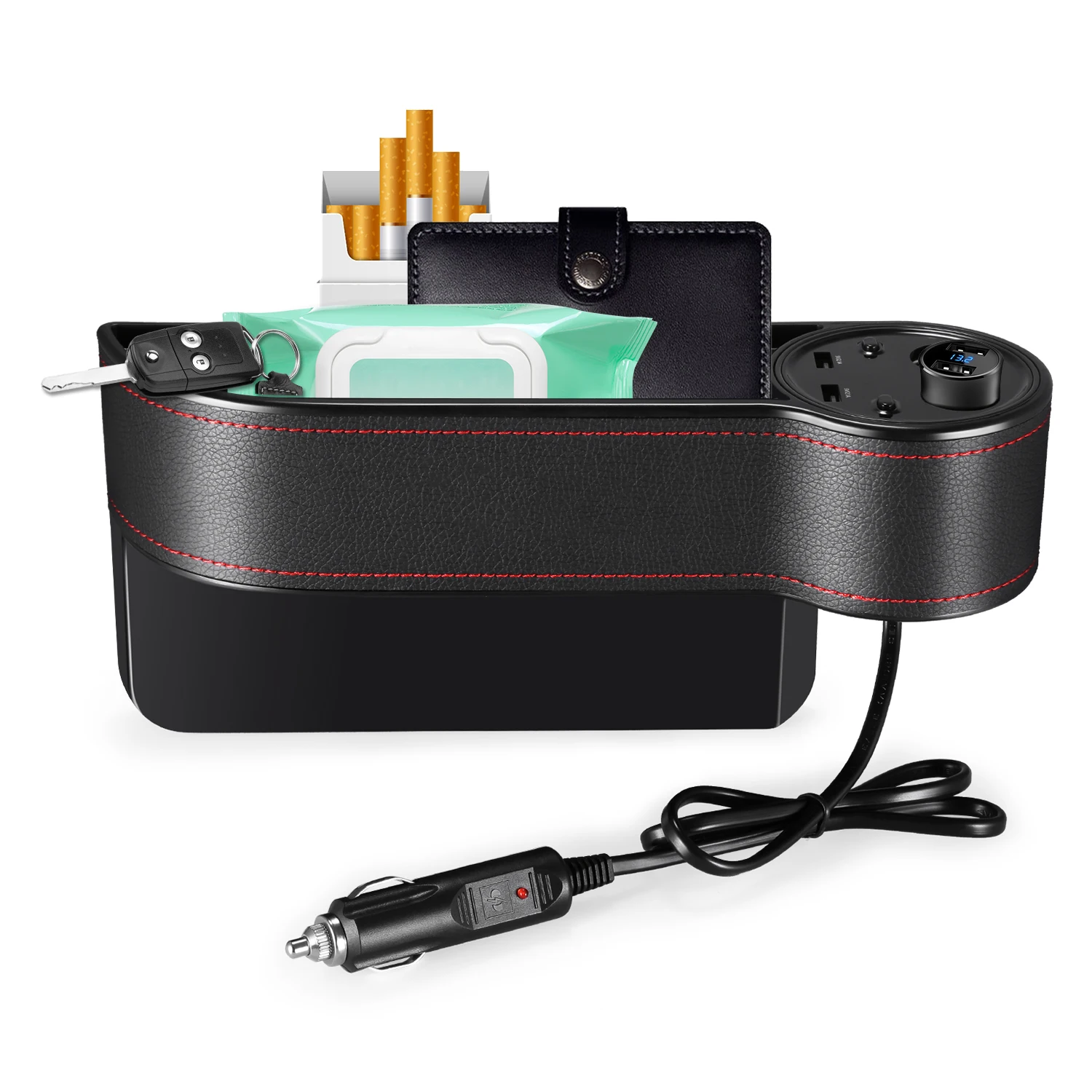 Najtaniej Schowek do przechowywania w samochodzie Box podwójny USB ładowanie w czasie rzeczywistym napięcie wyświetlacz LEd pojazd ciężarówka suv układanie Tidying 2 zapalniczka do cygar 12V