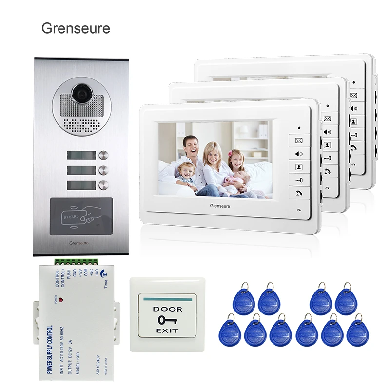 

Apartment 7" Color Video Door Phone Intercom System 3 White Monitor + Waterproof RFID Access Door Camera 3 Buttons FREE SHIPPING