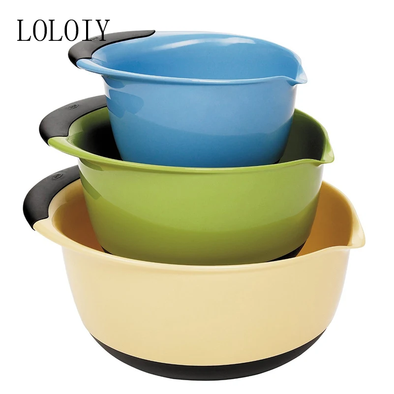 3 Piece Plastic Mixing Bowl Set Nesting Mixing Bowls with Rubber Grip