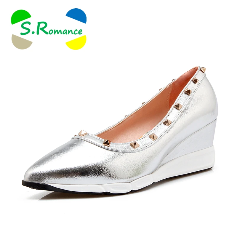 

S.Romance Women Pumps 2018 Fashion Office Ladies Pointed Toe Female Wedges High Heels Woman Shoes Gold Silver Pink SH705