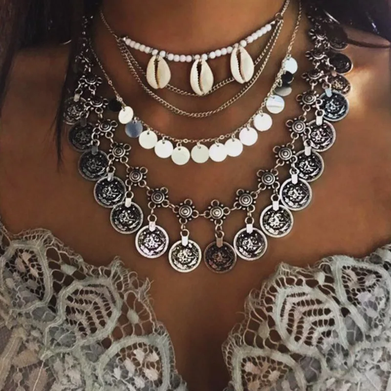 

2019 New Bohemian Alloy Multilayer Necklace Beach Elements Shell Sequins Totem Necklace