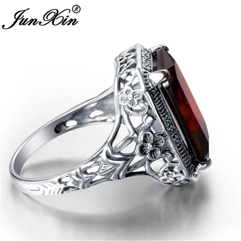 JUNXIN Anitique 925 Sterling Silver Filled Red Stone Rectangle Big Rings For Women Men Vintage Zircon Charm Wedding Bands Gifts