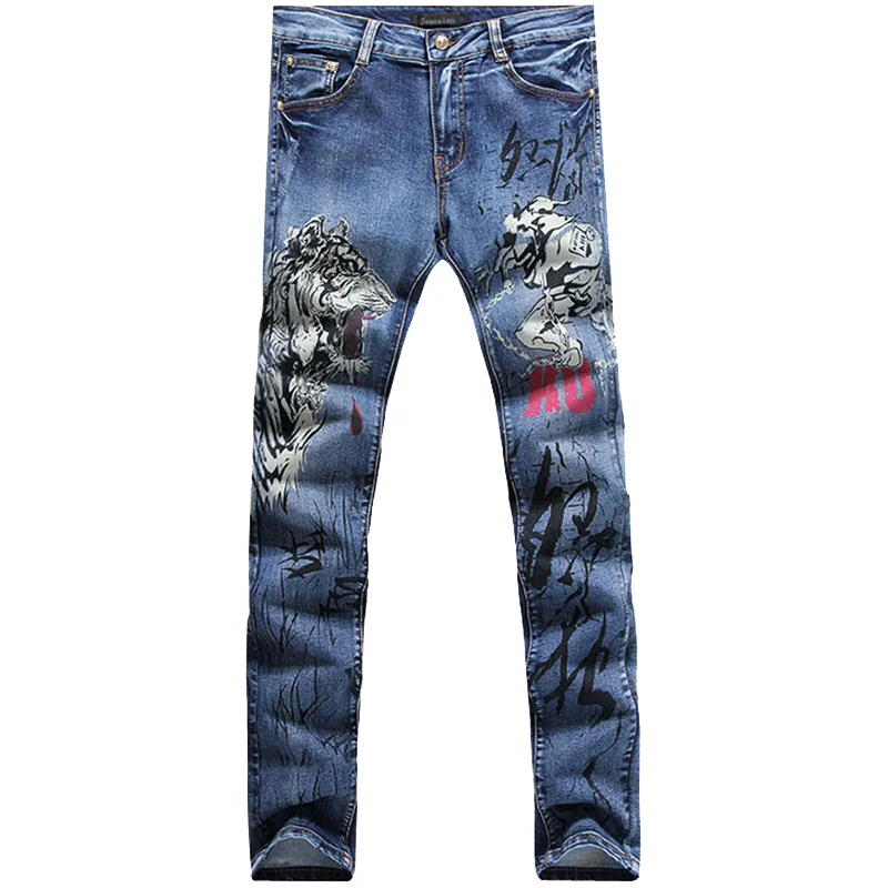 2017 new fashion straight leg jeans long men male printed denim pants ...