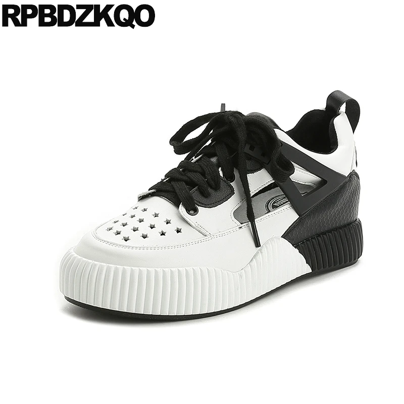 

Thick Sole Elevator Women Flats Sneakers Ladies Beautiful Shoes Slip Resistant Platform Round Toe Walking Black And White 2017