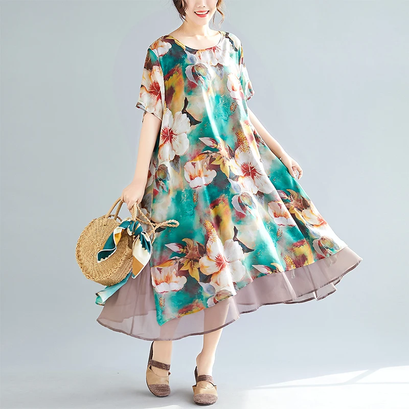

BIG SIZE 4XL 2019 Summer Women Fashion Elegant Flower Print Tops Lady Female Plus Large Long Beach Casual Chiffon Spliced Dress