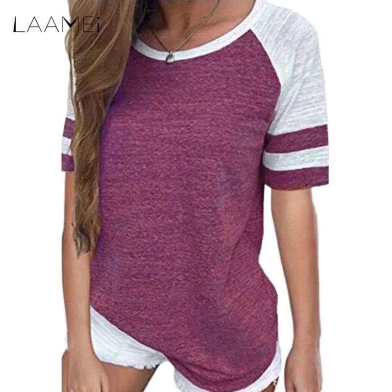 

LAAMEI 2018 Women Striped Splicing Baseball Tshirt 2018 Summer Fashion Casual O Neck Loose Top Tee All Match T Shirt Plus Sizes