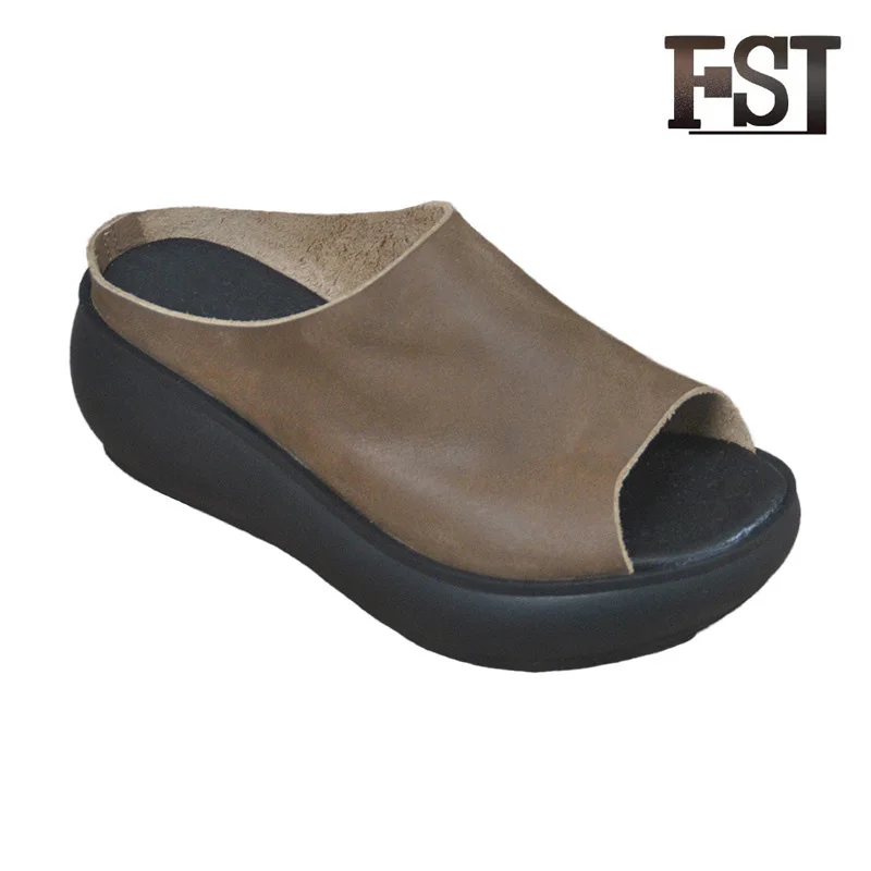 

FSJ Genuine Cow Leather Woman Summer Sewing Casual Solid Slip On Slippers Neutral Mature Wedges Slides Outside Pigskin shoes