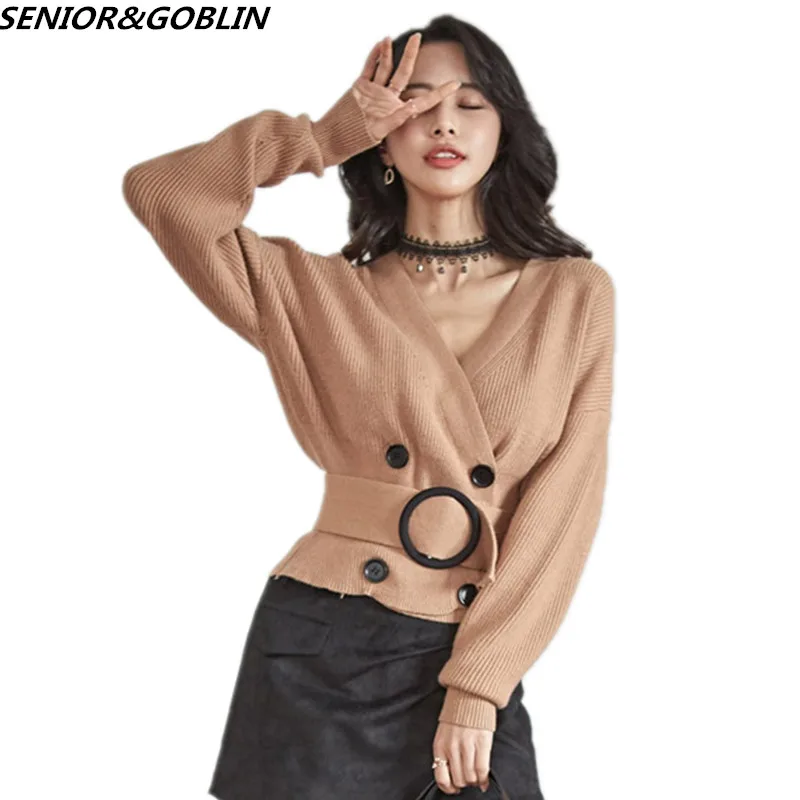 

2019 High Quality Autumn Women Double Breasted Jacket Winter Loose Cardigans Sexy Casual V-neck Chic Knitted Sweater Short Coat