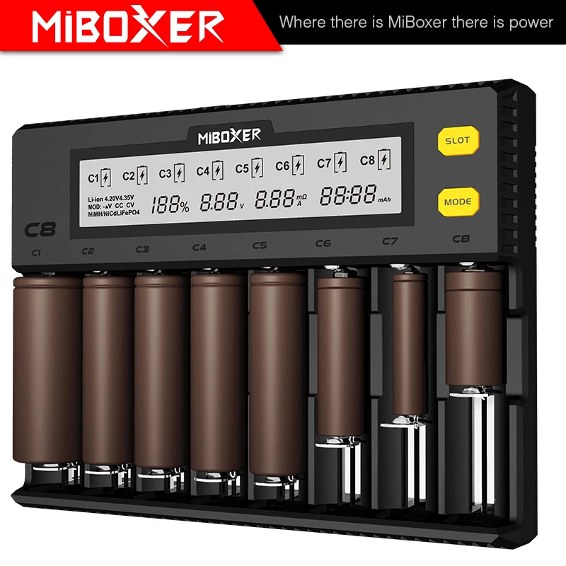 MiBOXER C4 C8 18650 Батарея Зарядное устройство ЖК-дисплей Дисплей 1.5A для батарей Li-Ion(литий-ионных) LiFePO4 Ni-Cd 21700 20700 26650 18350 17670 RCR123 18700