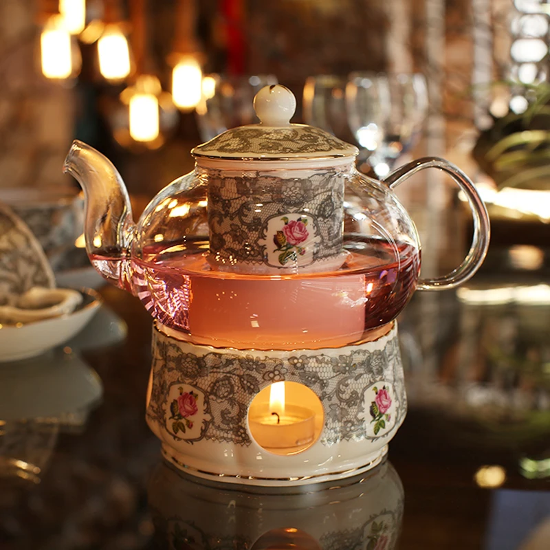Новое прибытие костяного фарфора стеклянный кружевной Цветочный чайный сервиз креативный термостойкий со свечкой Тепловая основа послеобеденный чай подарок