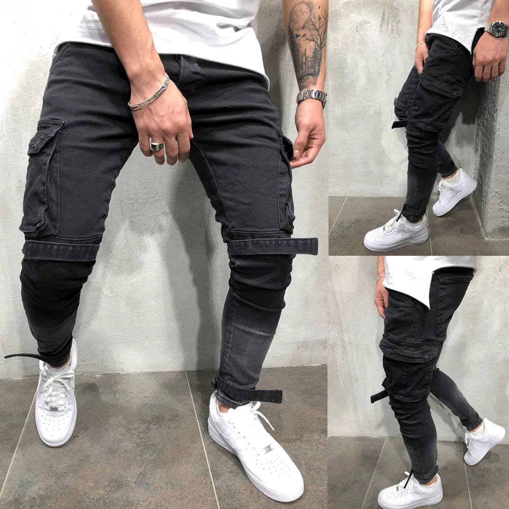 Мужские черные джинсы Slim Fit Urban Straight Leg Брюки повседневные карандаш грузовик для бега брюки колено-сторона Pokcet джинсовые брюки