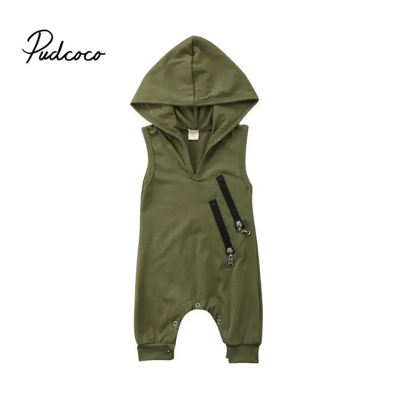 

Brand 2019 Sleeveless Newborn Baby Boys Girls Casual Hooded Romper Jumpsuit Outfit Clothes Zipper Type Army Green Kid Clothes