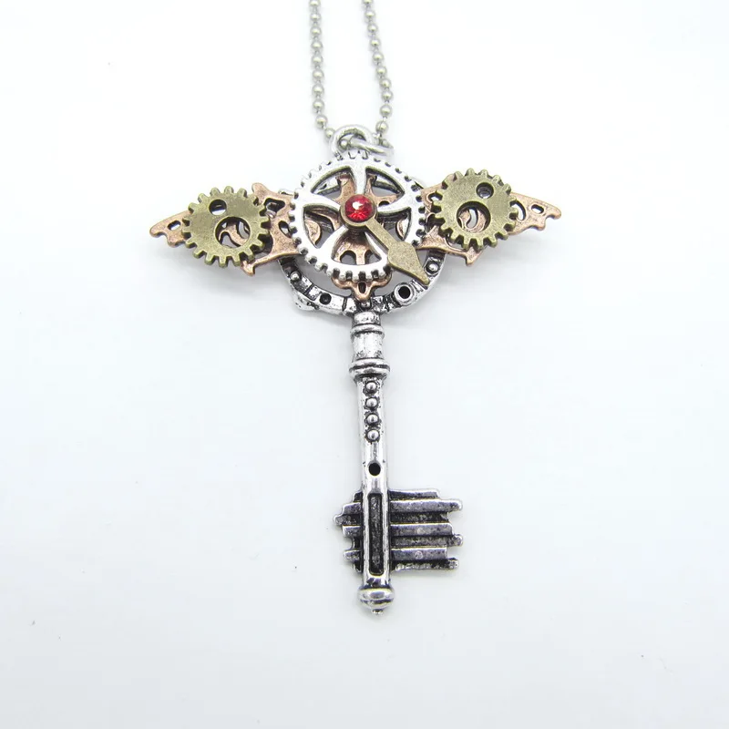 Punk Style Flying Copper Bat and Antique Silver Gears Vintage Key Pendant Steampunk Necklace | Украшения и аксессуары