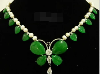 

Jewelr 004966 Real White Pearl Green Jade Heart 18KWGP Crystal Butterfly Pendant Necklace
