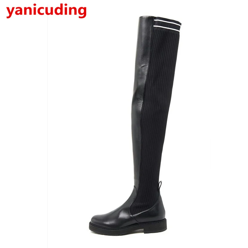 

New Round Toe Women Long Booties Knee High Shoes Luxury Brand Super Star Runway Med Heel Mixed Color Fashion Thigh High Boots
