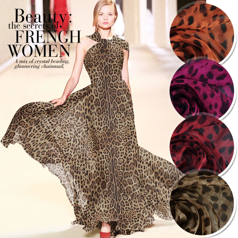 

135*50cm Leopard 100% silk Chiffon Fabric Silk scarf Wedding Dress Clothes silk yarn tissu 6 momme pure mulberry silk tulle