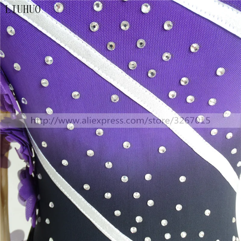 Figure Skating Dress Women's Girls' Ice Skating Dress Purple flower black Round neck long sleeve Competition Stripe pattern 