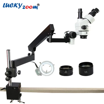 

Luckyzoom Simul-Focal 3.5X-90X Trinocular Stereo Microscope Articulating Arm Clamp Microscope 0.5X 2.0X Objective Lens 144 Light