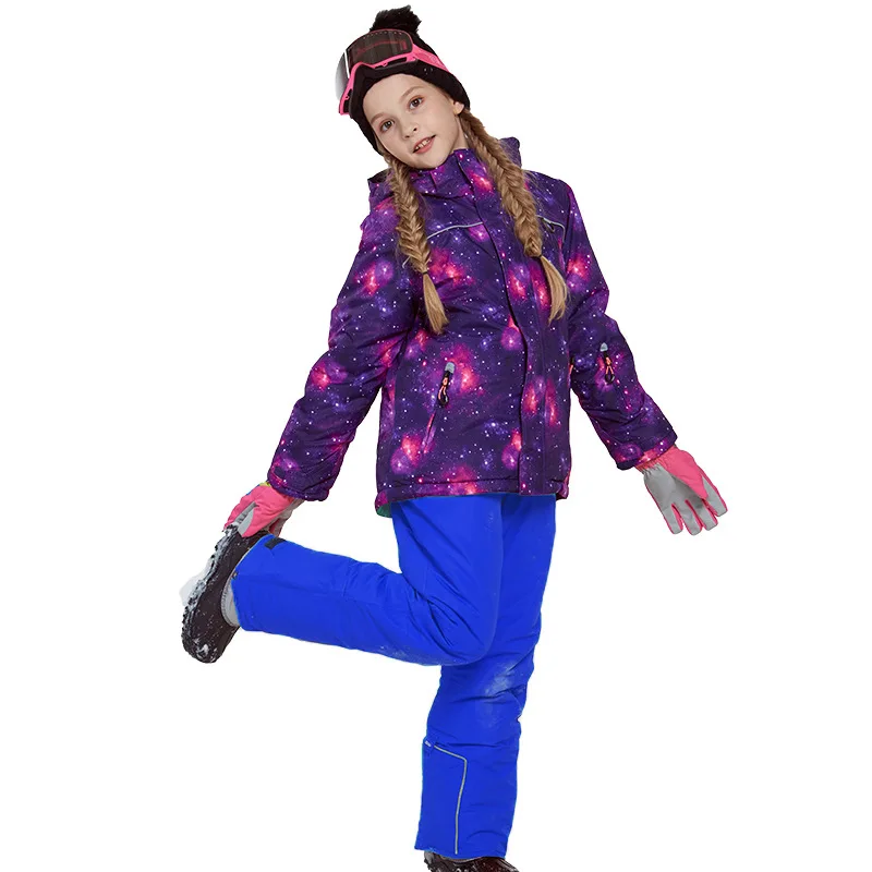 Зимний детский лыжный комплект, детский лыжный костюм для девочек водонепроницаемая куртка с капюшоном для сноуборда зимние штаны Terno Esqui теплый ветрозащитный - Цвет: Dark blue