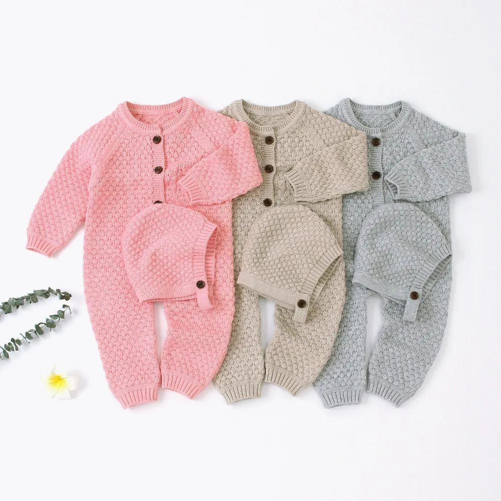 Осенняя трикотажная одежда для новорожденных; хлопковый осенне-зимний детский комбинезон с клетчатой шапочкой; комбинезон для малышей; Комплект для девочек и мальчиков