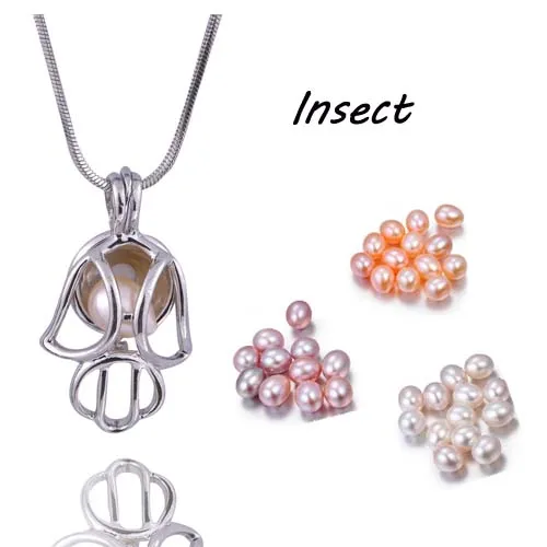 

Silver Plated Insect Cage Pendant Charms animal shape beautiful Fashion Locket with (Rice)Pearl Fashion Jewelry 5pcs/lot PP41