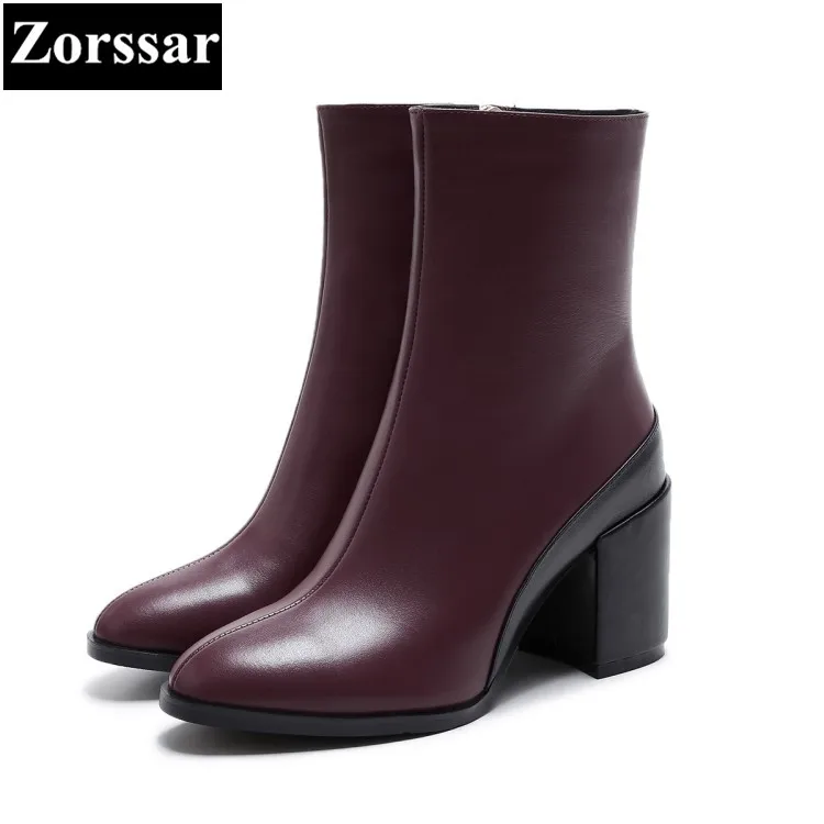 

{Zorssar} 2018 NEW fashion women Riding boots Genuine leather Round Toe High heels womens ankle boots Autumn winter women shoes