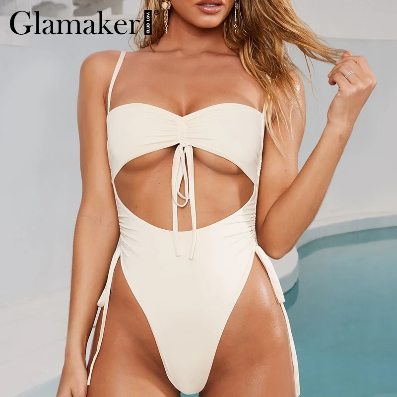 Glamaker Белый боди с вырезами женские стринги сексуальный купальник на шнуровке