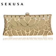 SEKUSA Clutch Female Diamonds Metal Hollow Out Style Women Evening Bags Alloy Mixed Color Chain Shoulder