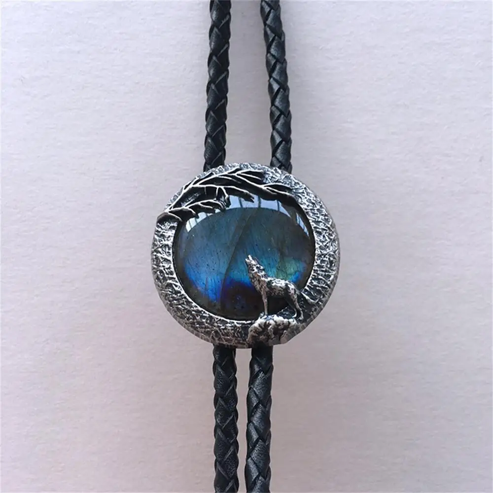 

New Original Handcraft Nature India Labradorite Stone Wolf Bolo Tie Each Stone is Unique