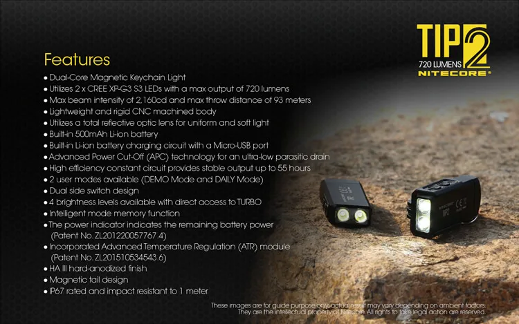 Nitecore TIP2 + USB кабель для зарядного устройства + мульти-целевой Пинцет 2x CREE XP-G3 S3 720 Lms светодиодный металлический KeyLight встроенный Батарея