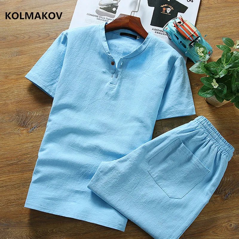 

(Shirt + shorts) 2019 new style High quality men shirt Cotton and linen shirts Short sleeve men's casual shirts men size M-5XL