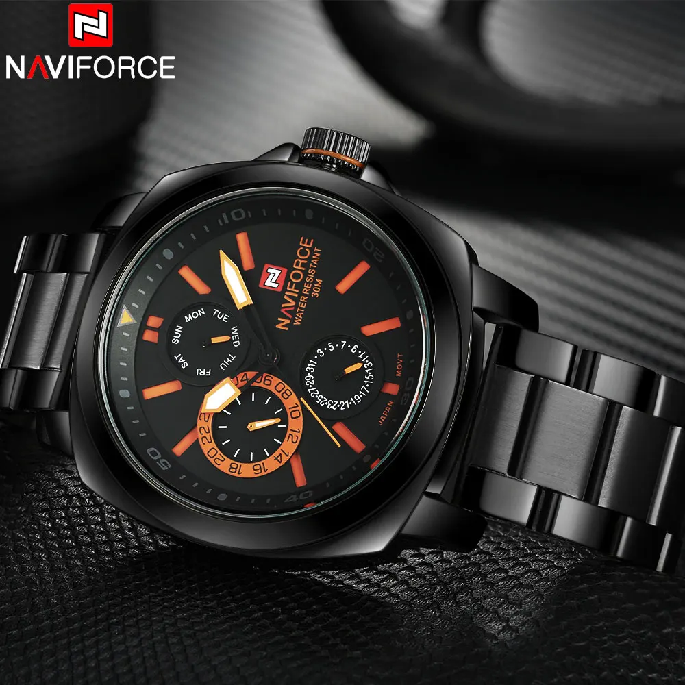 Часы NAVIFORCE Мужские кварцевые водонепроницаемые до 30 м с браслетом из нержавеющей