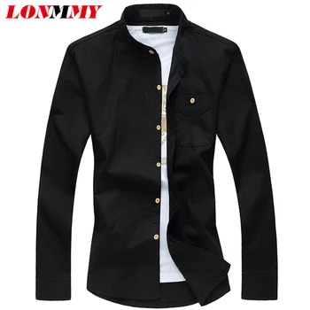 

LONMMY PLUS SIZE 6XL Long sleeves shirt men Standing collar Cotton linen shirts men dress Fashion Casual White Black 2018 Spring