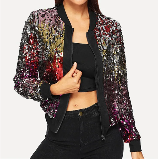

Cakucool autumn sequin bomber jacket women basic coats Zipper long Sleeve baseball jackets jaqueta feminina inverno Chic Spring