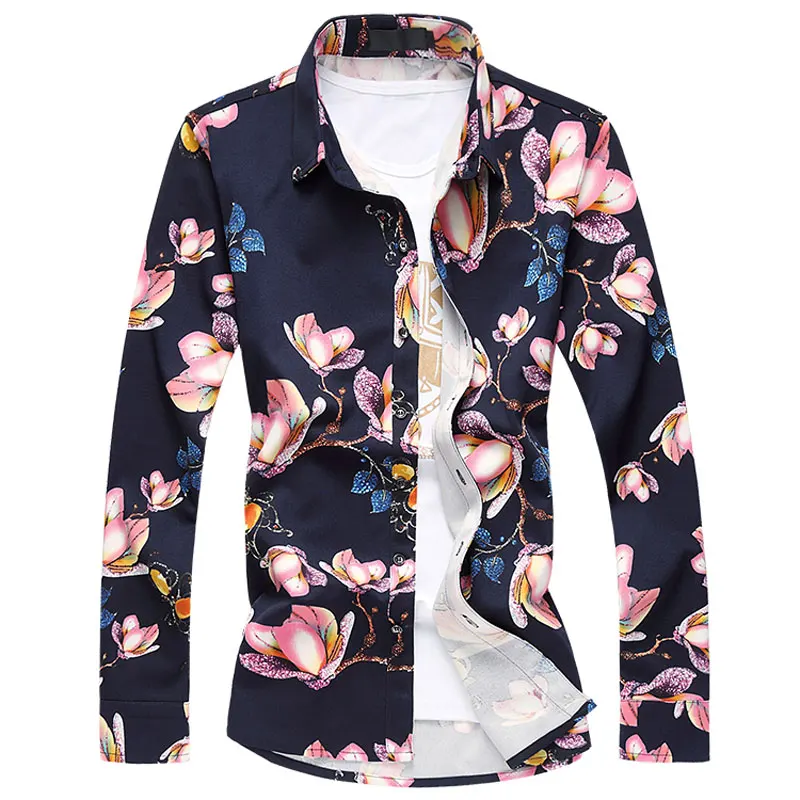 Мужская Модная приталенная рубашка с цветочным принтом, Camisa Masculina, новинка, брендовая Повседневная рубашка с длинным рукавом на пуговицах, мужская рубашка, большой размер 7XL