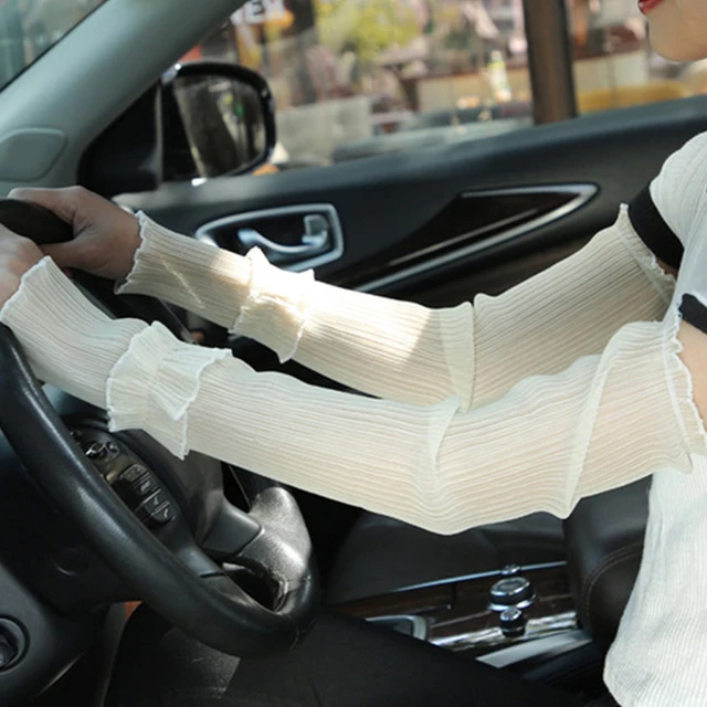 Hot Women Arm Warmers Pleated Yarn Long Breathable Sunscreen Driving Arm Sleeve Fingerless Gloves sexy lace glove Solid White Beige