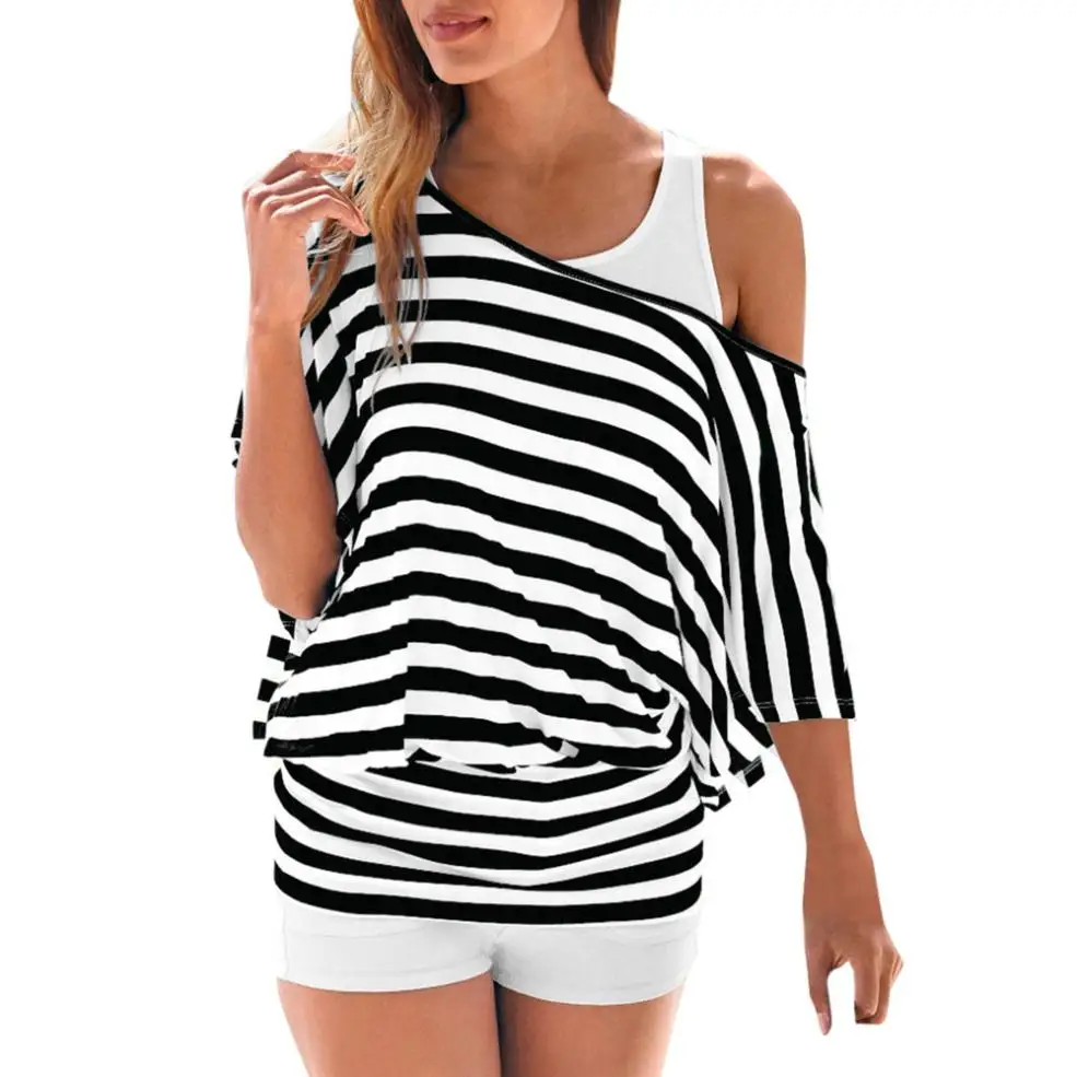 Womens Casual Loose Slash Neck Striped Short Sleeve T shirt Tops Shoulder shoulder strap