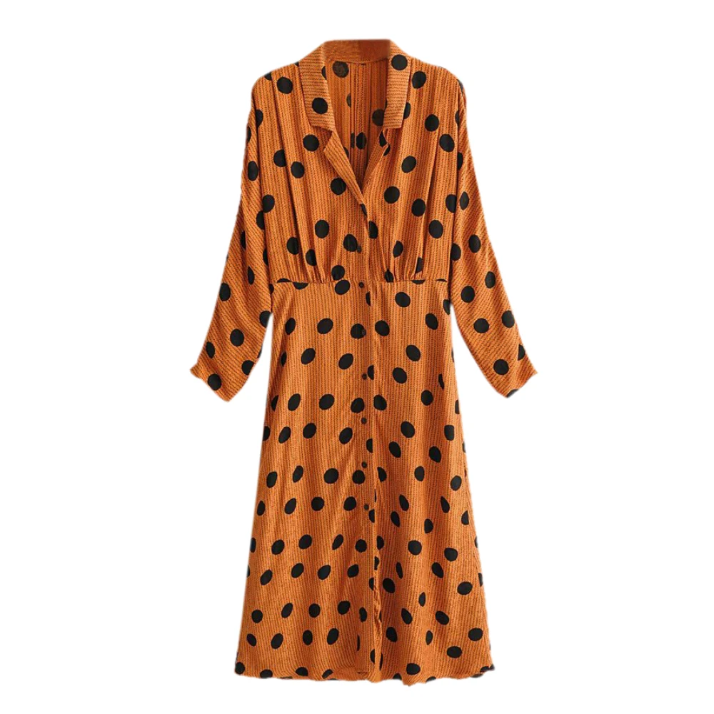 

Women Polka Dot Print Maxi Dress Turn Down Collar A Line Female Casual Ankle Length Retro Long Dresses FFZYQ216